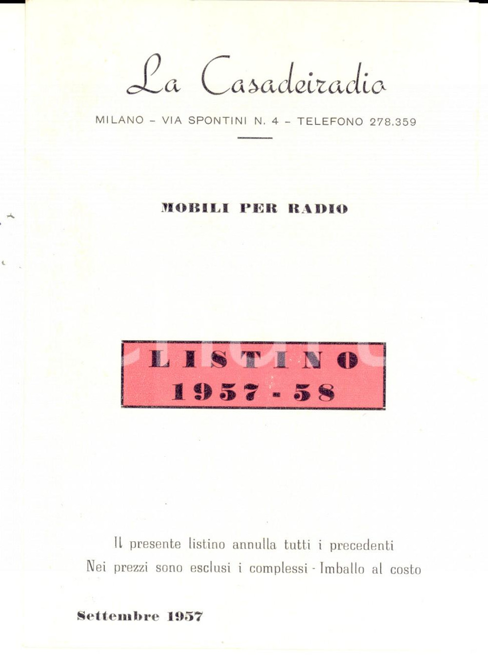 Materiale pubblicitario d’epoca 1958 MILANO La CASADEIRADIO  Mobili per radio  Listino prezzi 1