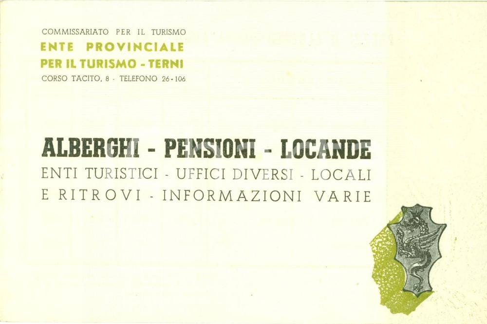 Materiale pubblicitario d’epoca 1951 TERNI Turismo Albergi pensioni locande ILLUSTRATO 1
