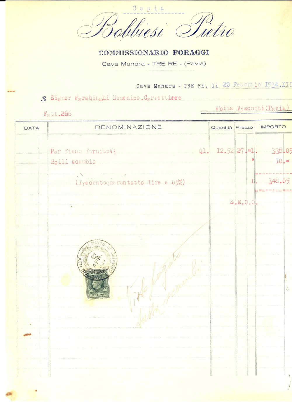 Documento originale, autentico 1934 TRE RE / CAVA MANARA PV Pietro BOBBIESI Commissionario foraggi Fattura 1