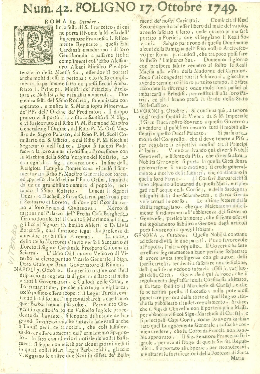 Giornale, rivista storica 1749 GIORNALE DI FOLIGNO n. 42 Massima allerta a NAPPOLI per le navi turche 1