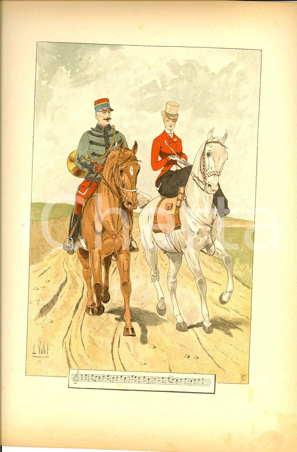 Stampa, bozzetto originale 1890 L. VALLET Le chic Ã  cheval - En route *Lithographie 25x33 cm 1