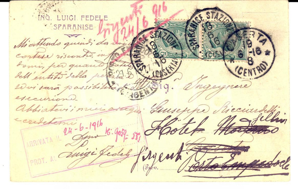 Cartolina originale da collezione 1916 SPARANISE (CE) Ing. Luigi FEDELE al collega Giuseppe RICCIARDELLI FP VG 1