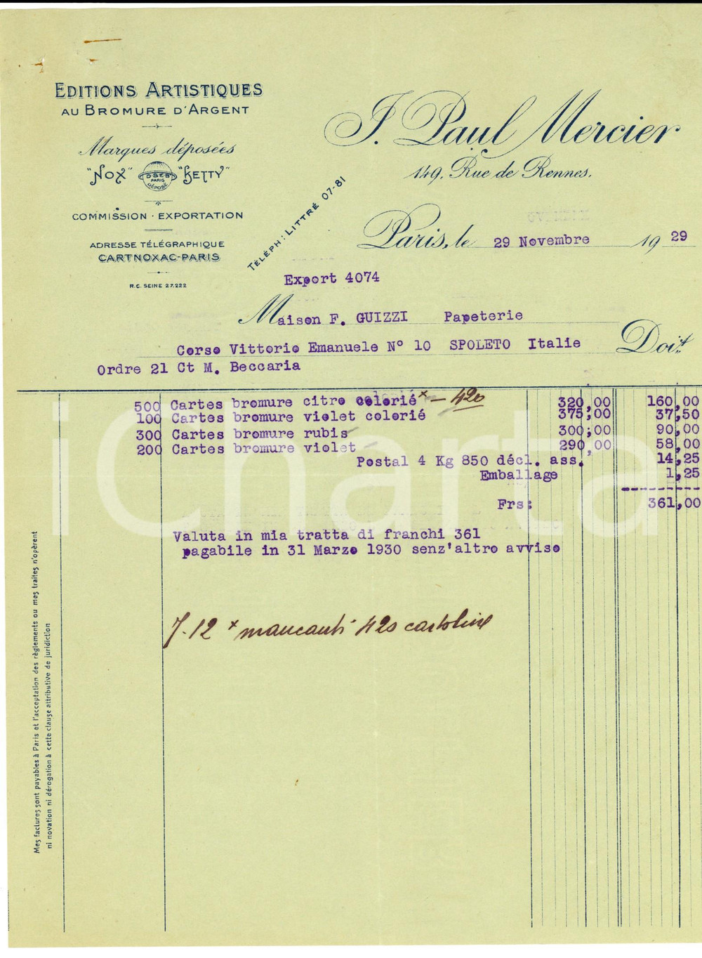 Documento originale, autentico 1929 PARIS Ditta Paul MERCIER Editions artistiques au bromure Fattura intestata 1