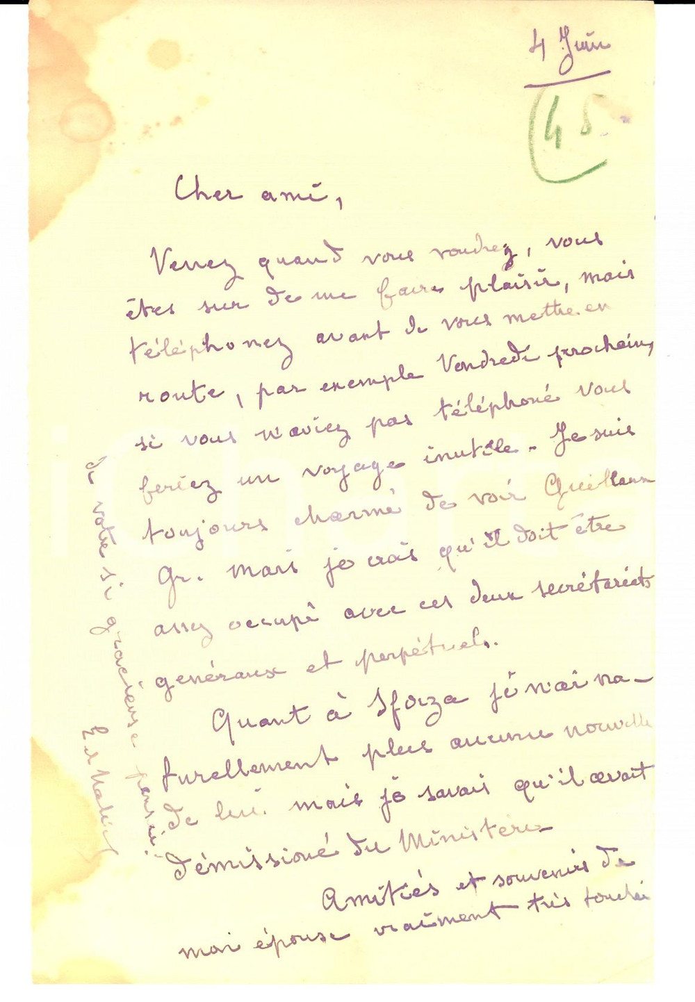 Autografo originale 1945 PARIS Etienne BANDY DE NALECHE chiede di essere avvisato per una visita 1