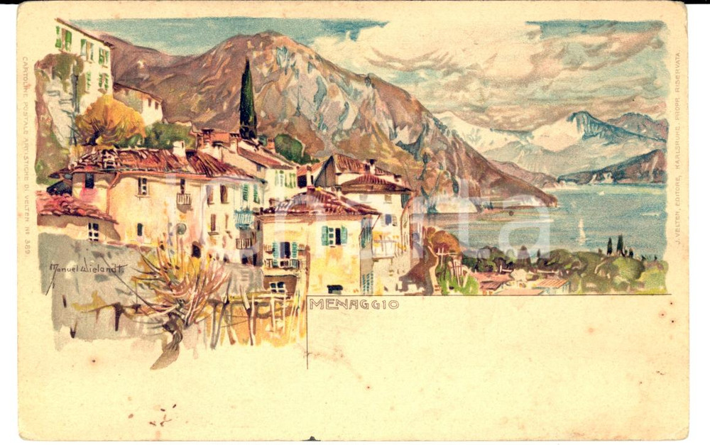 Cartolina originale da collezione 1900 ca MENAGGIO CO Panorama con il lago Ill. Manuel WIELANDT FP NV 1