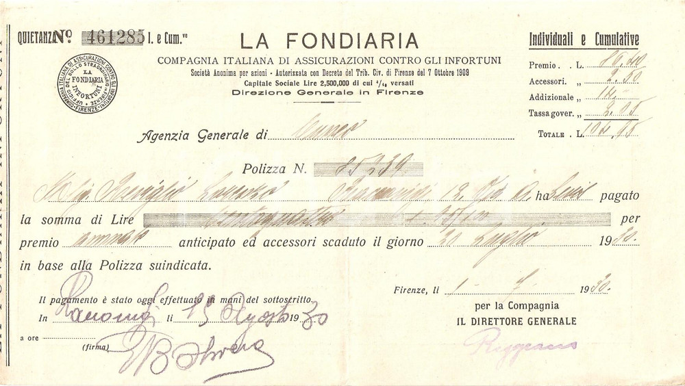 Documento originale, autentico 1930 CUNEO Assicurazioni LA FONDIARIA Ricevuta pagamento polizza 1