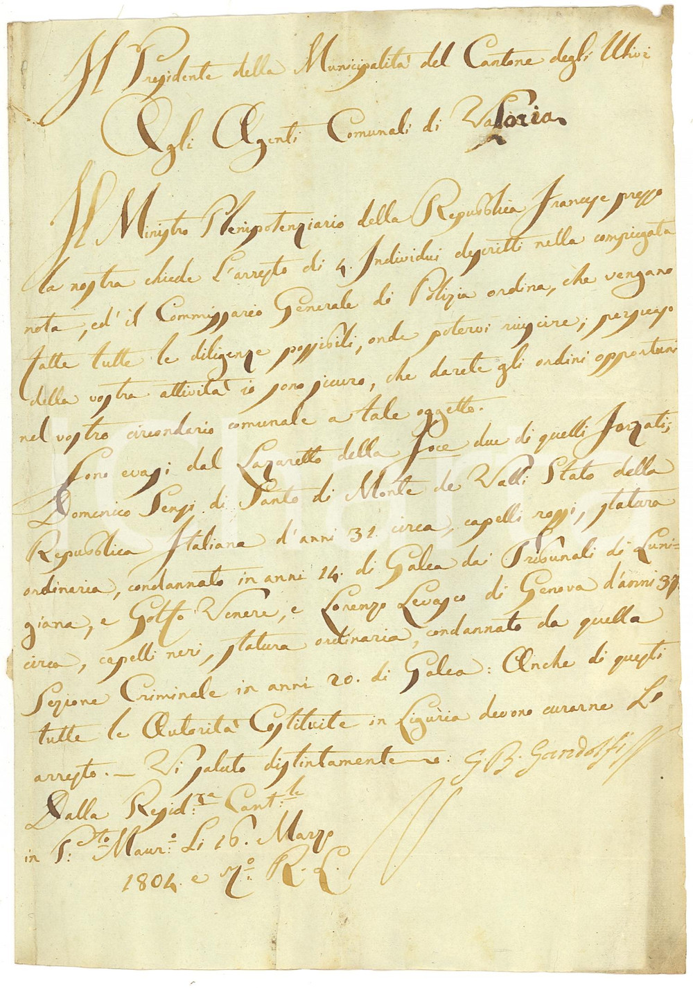Documento originale, autentico 1804 PORTO MAURIZIO Galeotti evasi da Lazzeretto FOCE 1