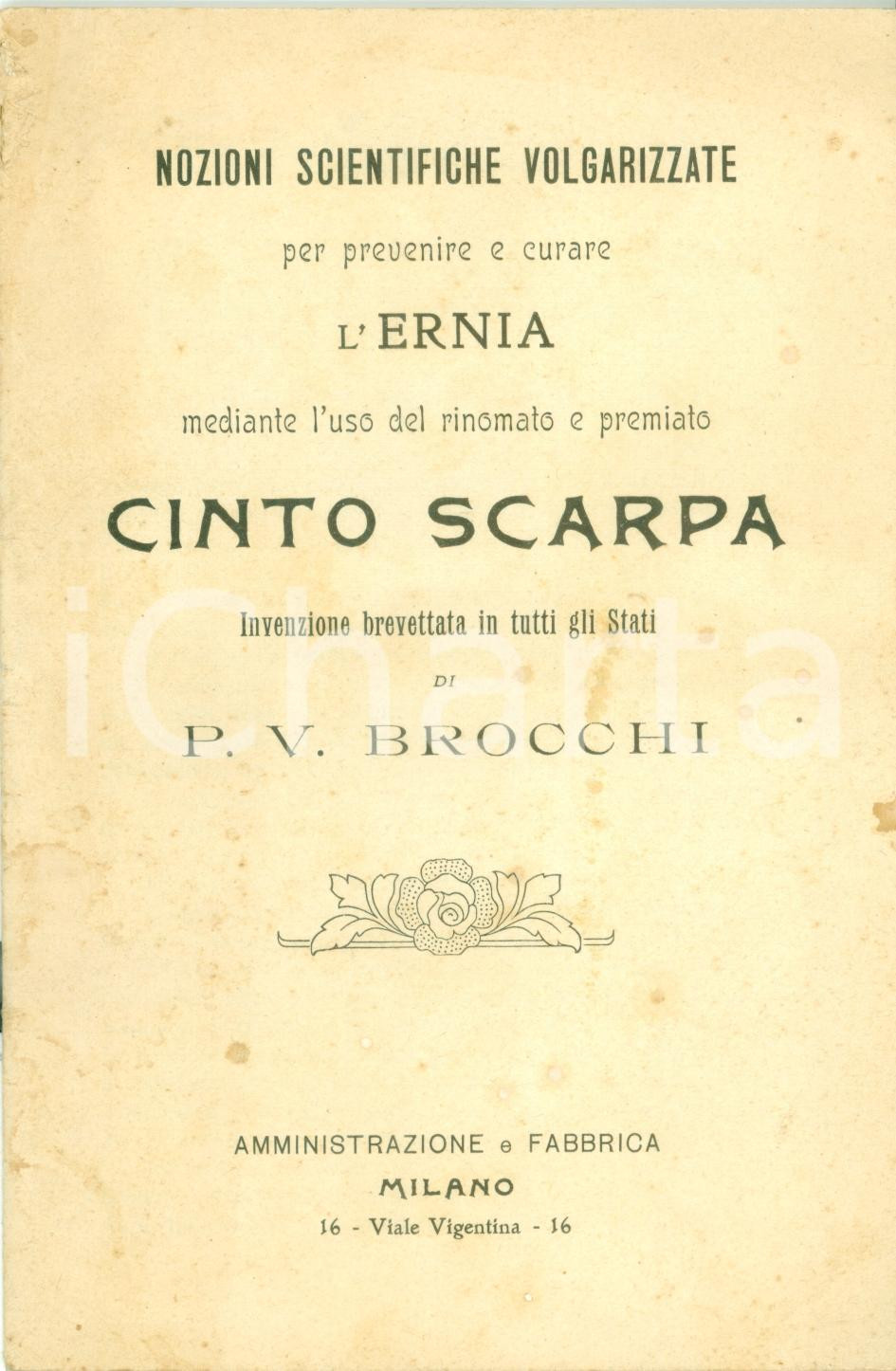 Materiale pubblicitario d’epoca 1903 MILANO Ditta P.V. BROCCHI Prevenire e curare ernia con cinto scarpa 1