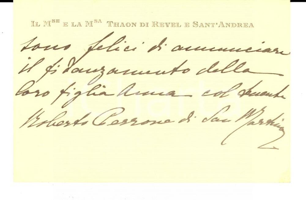 Oggetto da collezione cartaceo 1926 TORINO Biglietto marchesi THAON DI REVEL per fidanzamento figlia *AUTOGRAFO 1