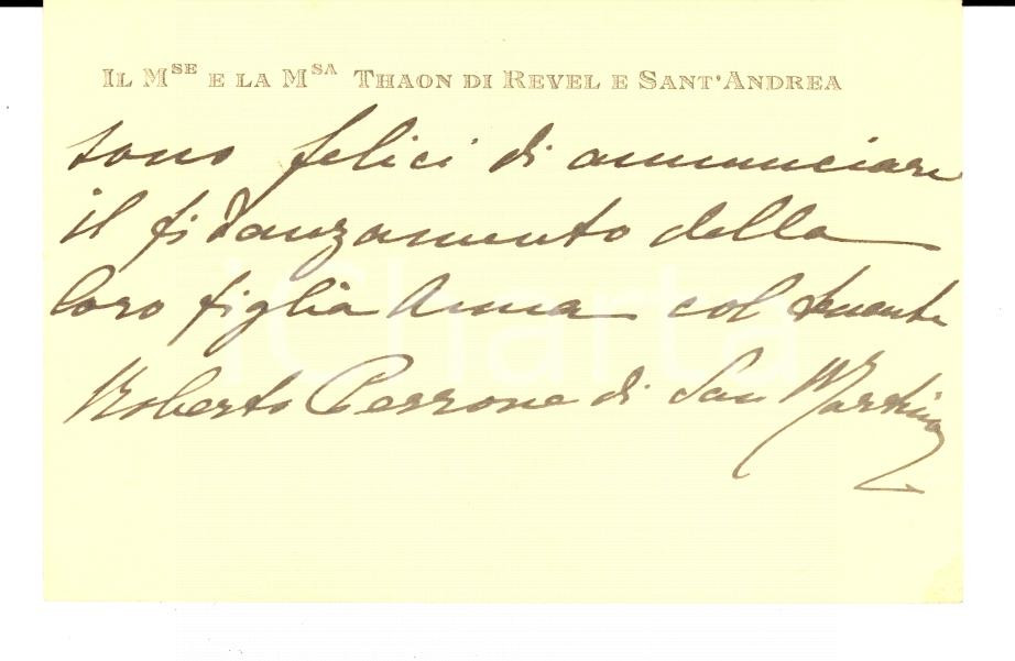 Oggetto da collezione cartaceo 1926 TORINO Biglietto marchesi THAON DI REVEL per fidanzamento figlia AUTOGRAFO 1