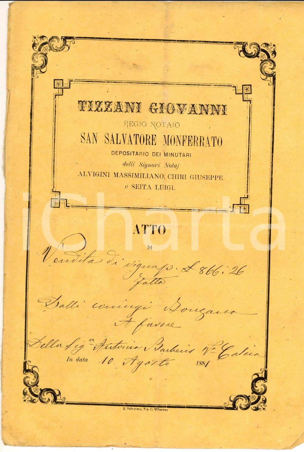 Documento originale, autentico 1881 SAN SALVATORE MONFERRATO Coniugi BONZANO vendono vigna ad Antonia BARBERIS 1