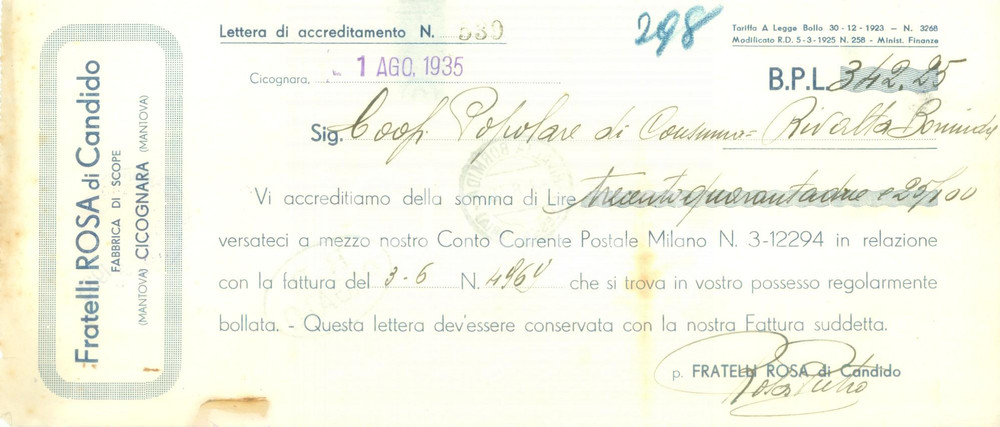 Documento originale, autentico 1935 CICOGNARA MN Fratelli ROSA di Candido Fabbrica di scope Accreditamento 1