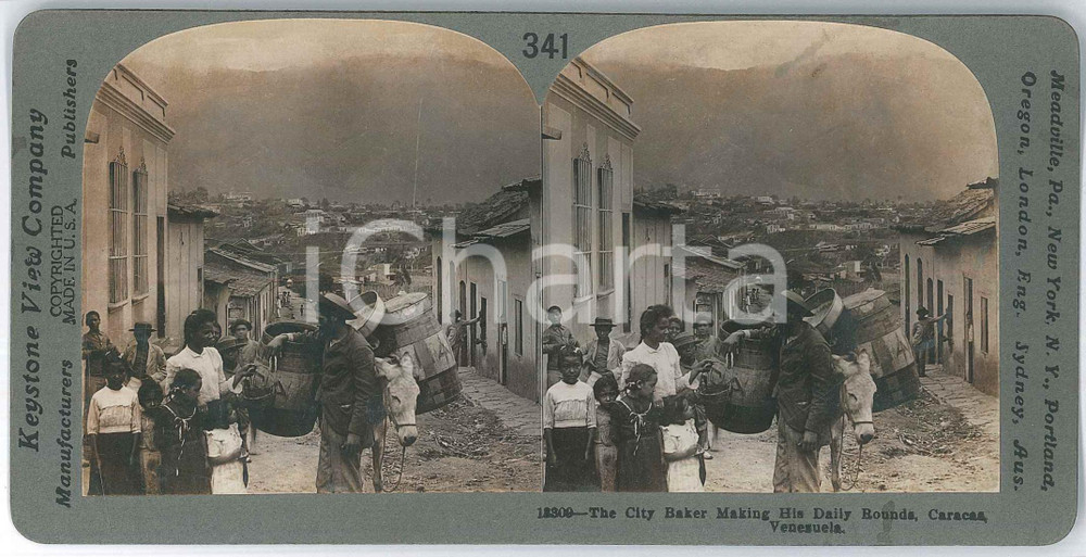 1910 ca CARACAS (VENEZUELA) The city baker making his daily rounds *Stereoview Fotografia stereoscopica d'epoca, su cartoncino rigido, n&deg; 13309.EDITORE: Meadville, Pa.  - Keystone View Company  GOOD/buono  Formato: 18x9 cm originale e autentica 1