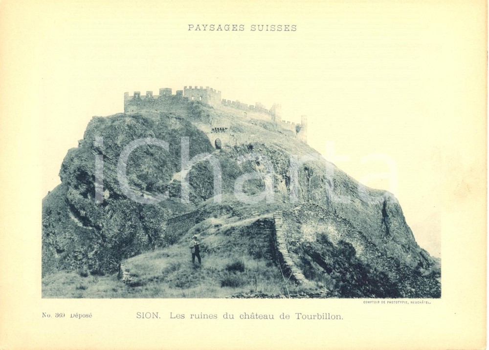 Cartolina originale da collezione 1940 ca SION CH Paysage  Ruines chateaux Tourbillon Cartoncino ANIMATO 1