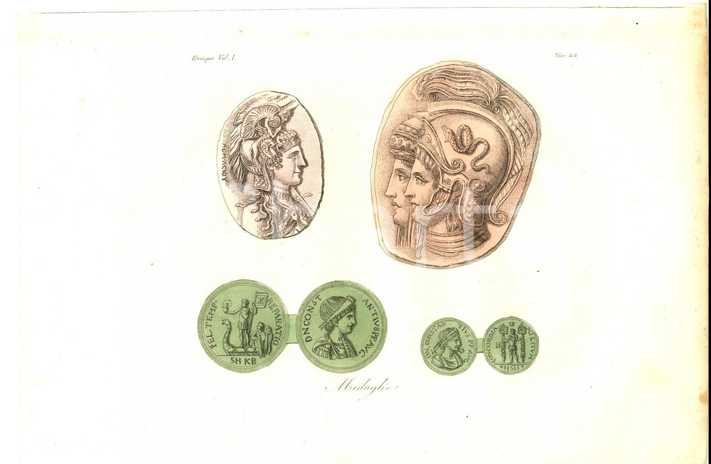 Stampa, bozzetto originale 1823 Giulio FERRARIO COSTUME EUROPEO Medaglie Stampa colorata a mano 1