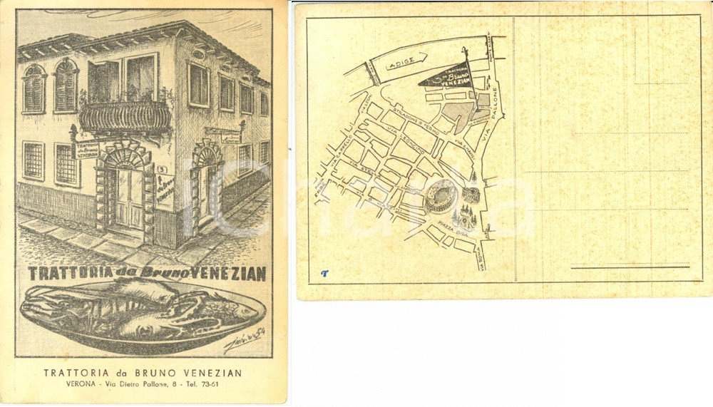 Cartolina originale da collezione 1954 VERONA Trattoria da Bruno VENEZIAN con piantina *Cartolina 11x16 cm 1