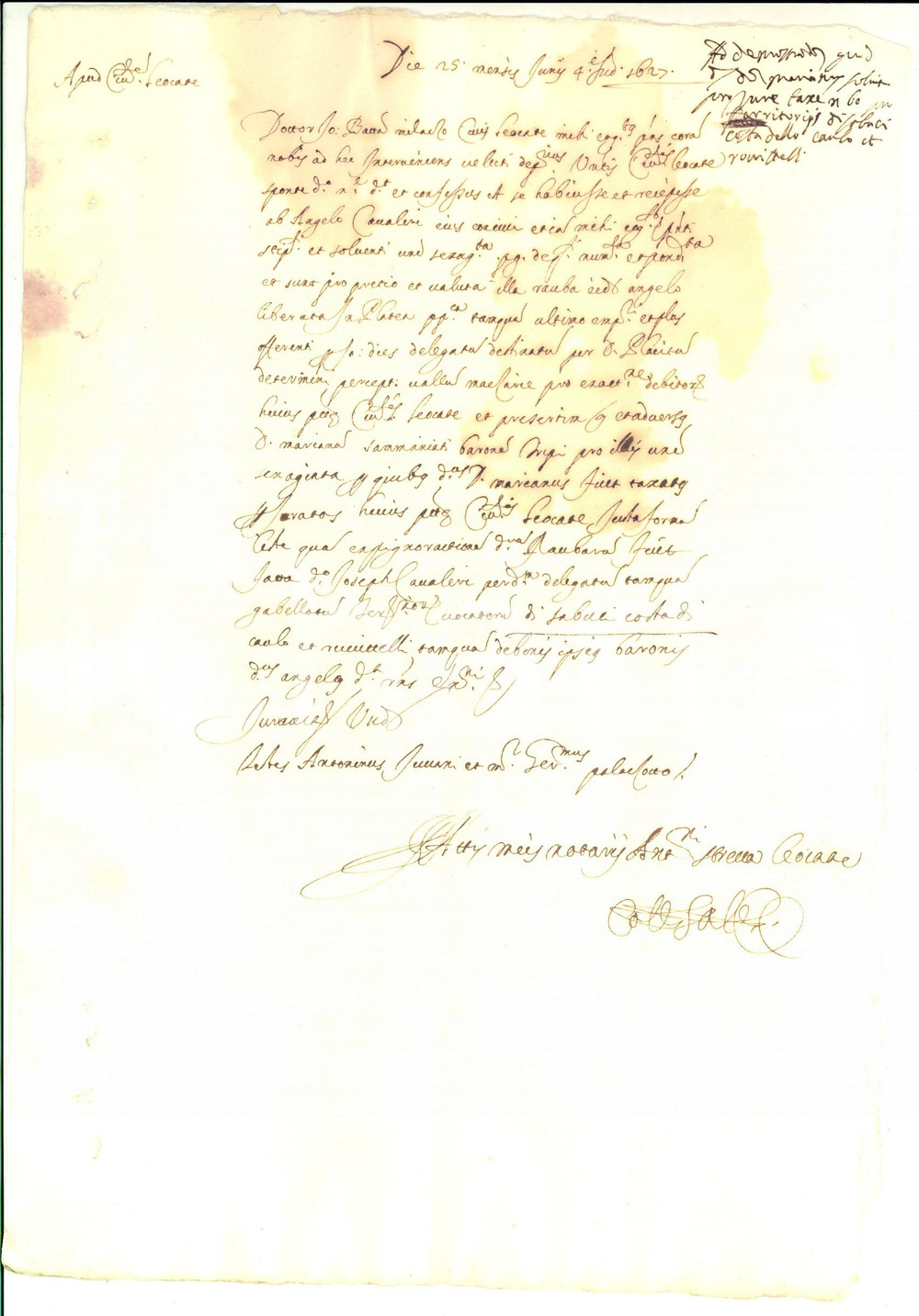 Documento originale, autentico 1627 PALERMO Ricevuta ad Angelo CAVALERI per saldo prezzo Manoscritto 1