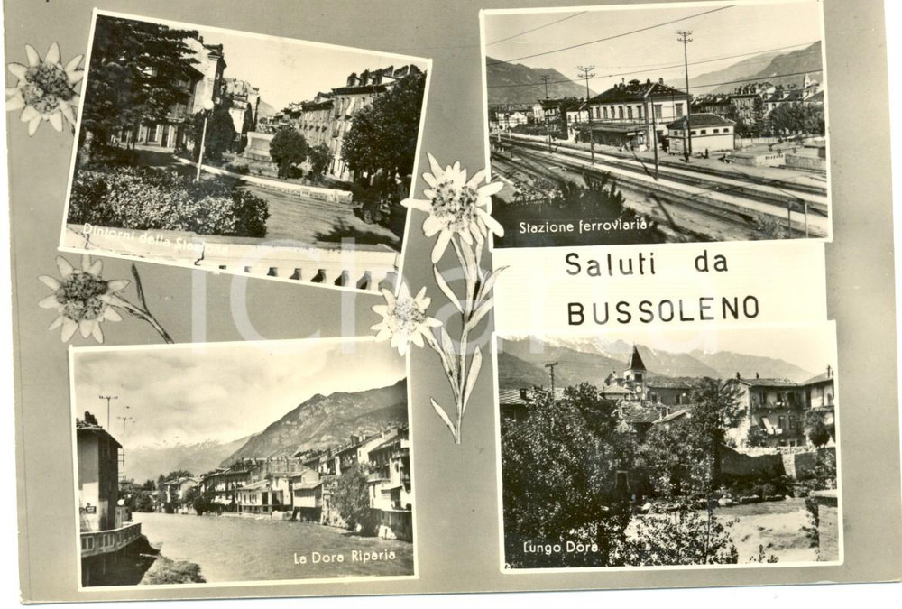 Cartolina originale da collezione 1951 BUSSOLENO TO Vedutine DORA RIPARIA stazione ferroviaria Cartolina FG VG 1