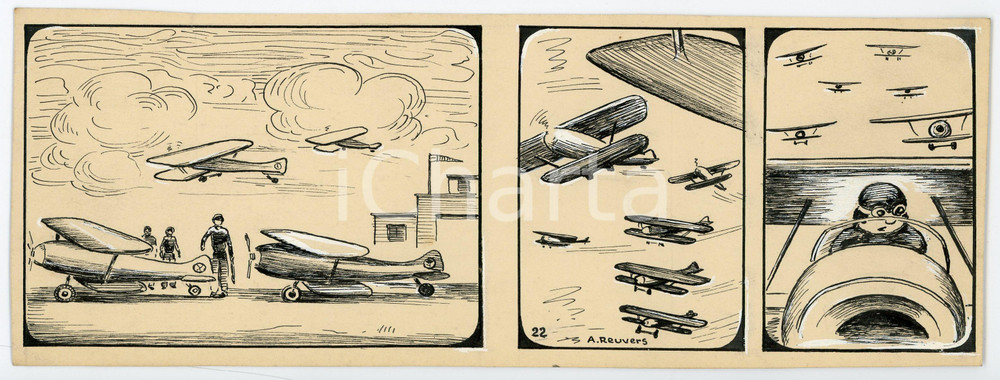 1940ca DRUMPIE'S DOLLE ADVENTUREN Comic strip 22 - A. REUVERS Original art RARE Striscia a fumetti d'epoca, originale e autentica. Disegno originale a china firmato A. Reuvers. EDITORE: Omnium PressCONDIZIONI: FAIRDIMENSIONI: 25x9 cm    originale e autentica 1