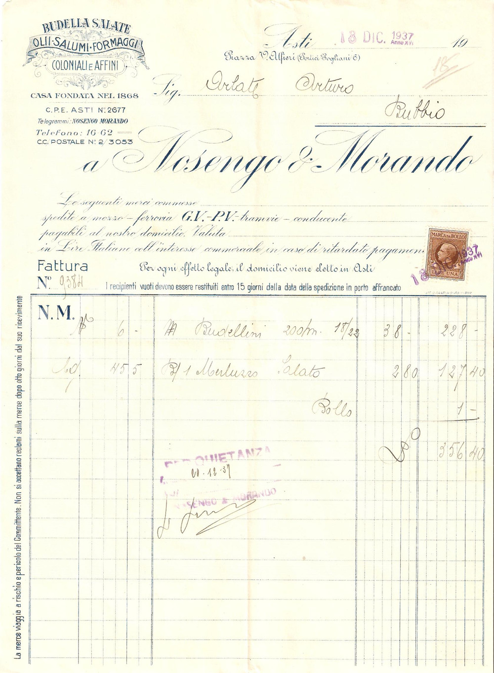Documento originale, autentico 1937 ASTI Ditta NOSENGA E MORANDO Budella salate Coloniali e affini Fattura 1