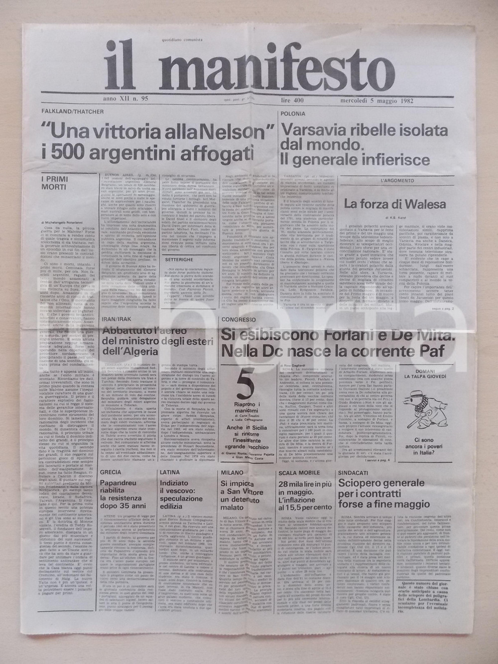 Giornale, rivista storica 1982 IL MANIFESTO Una vittoria alla NELSON 500 argentini affogati Giornale 1