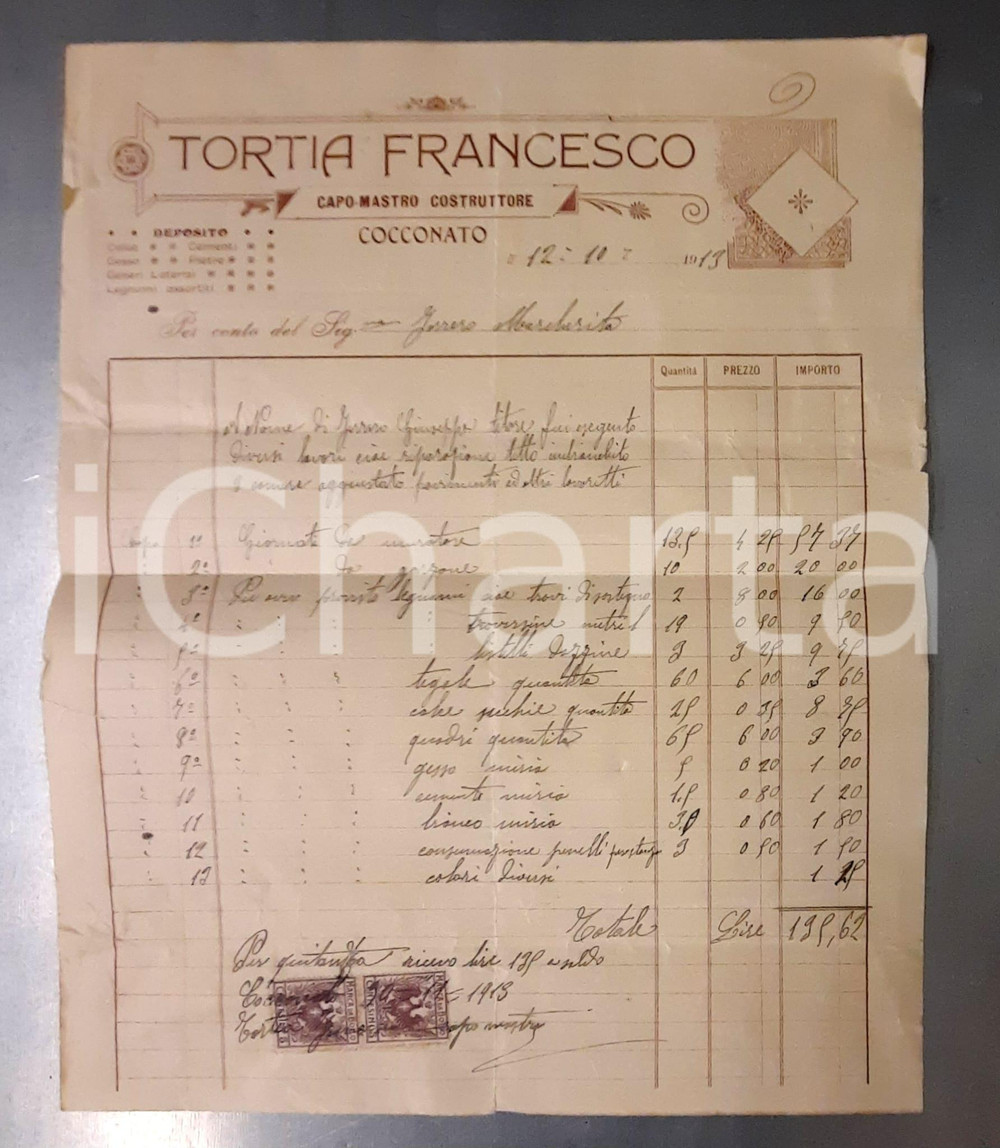 Documento originale, autentico 1913 COCCONATO AT Francesco TORTIA Riparazione tetto Casa FERRERO Fattura 1