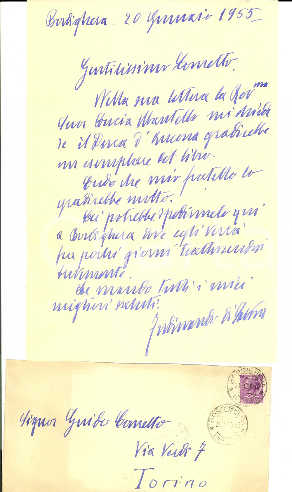 Autografo originale 1955 BORDIGHERA Ferdinando di SAVOIAGENOVA chiede libro per fratello AUTOGRAFO 1