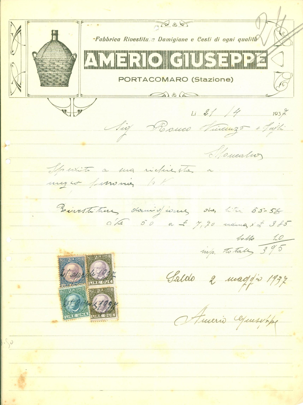 Documento originale, autentico 1937 PORTACOMARO (AT) Giuseppe AMERIO rivestitura damigiane cesti *ILLUSTRATA 1