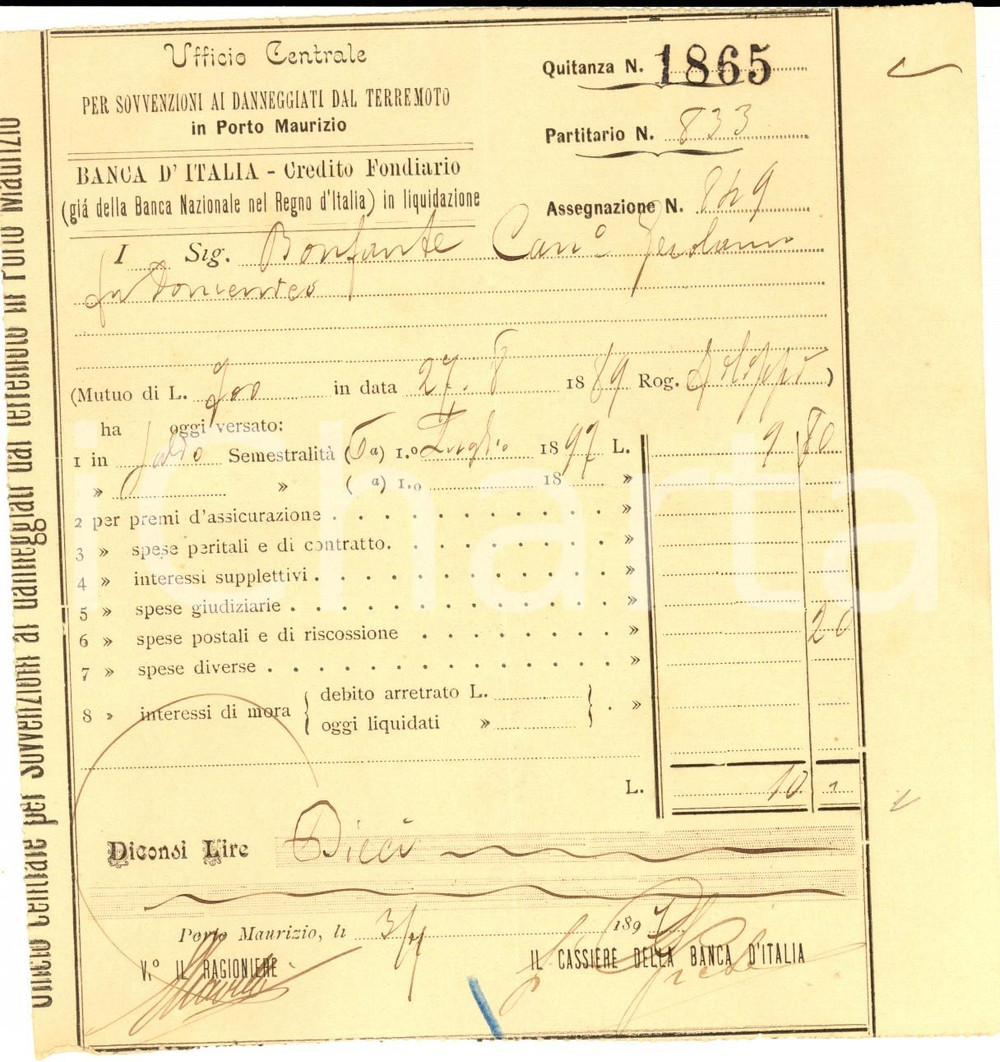 Documento originale, autentico 1889 PORTO MAURIZIO Quietanza prestito BANCA D'ITALIA danneggiati dal terremoto 1