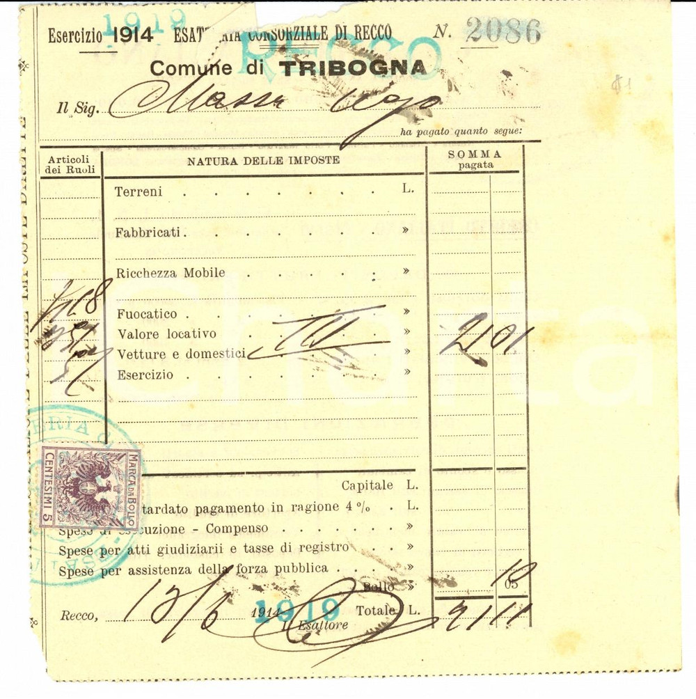 Documento originale, autentico 1914 TRIBOGNA (GE) Spese Ugo MASSA per vetture e domestici 1