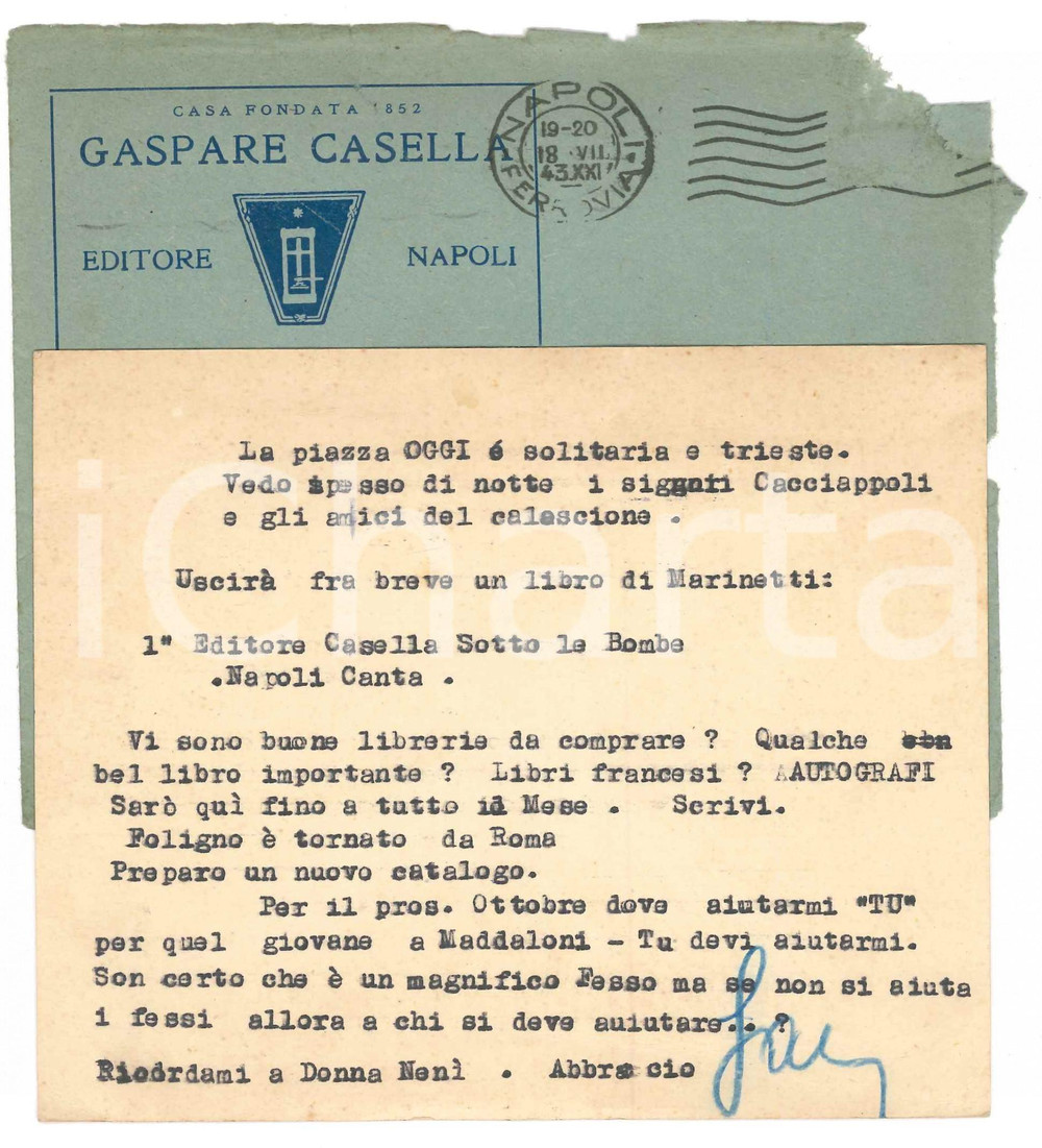 1943 NAPOLI Biglietto Gaspare CASELLA per acquisto librerie - Autografo