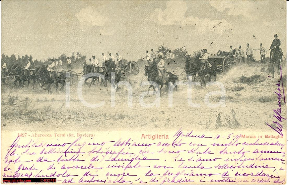 Cartolina originale da collezione 1907 Artiglieria in battaglia *Animata d'epoca VG 1