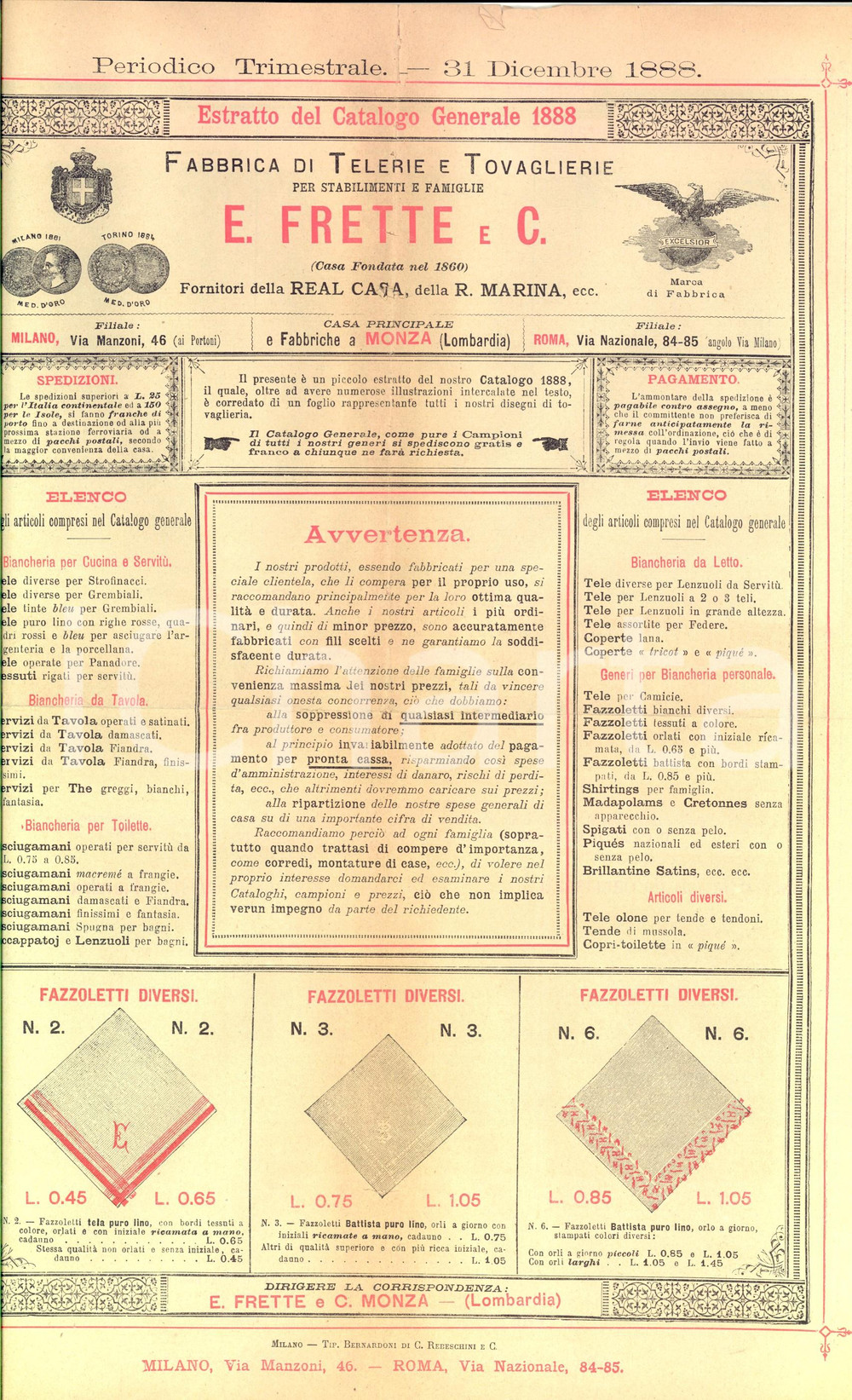 Materiale pubblicitario d’epoca 1930 MONZA Telerie FRETTE Biancherie occasione Catalogo ILLUSTRATO 1