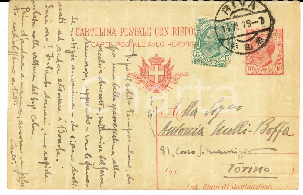 Autografo originale 1919 RIVA (TO) Cartolina Carlo MOLLI BOFFA alla sorella Antonia *AUTOGRAFO 1