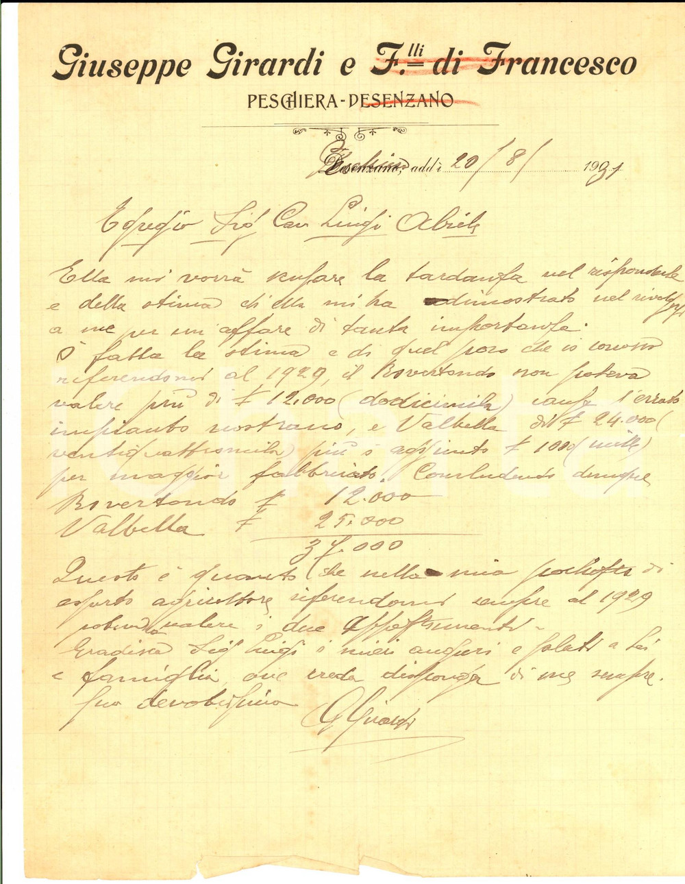Documento originale, autentico 1931 PESCHIERA DEL GARDA (VR) Giuseppe GIRARDI effettua una stima immobiliare 1