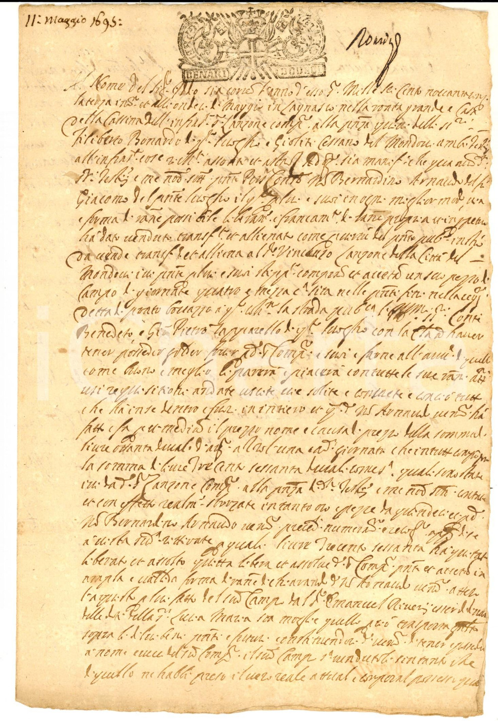 Documento originale, autentico 1695 LAGNASCO (CN) Bernardino ARNAUDO vende prato bovazzo a Vincenzo LANZONE 1