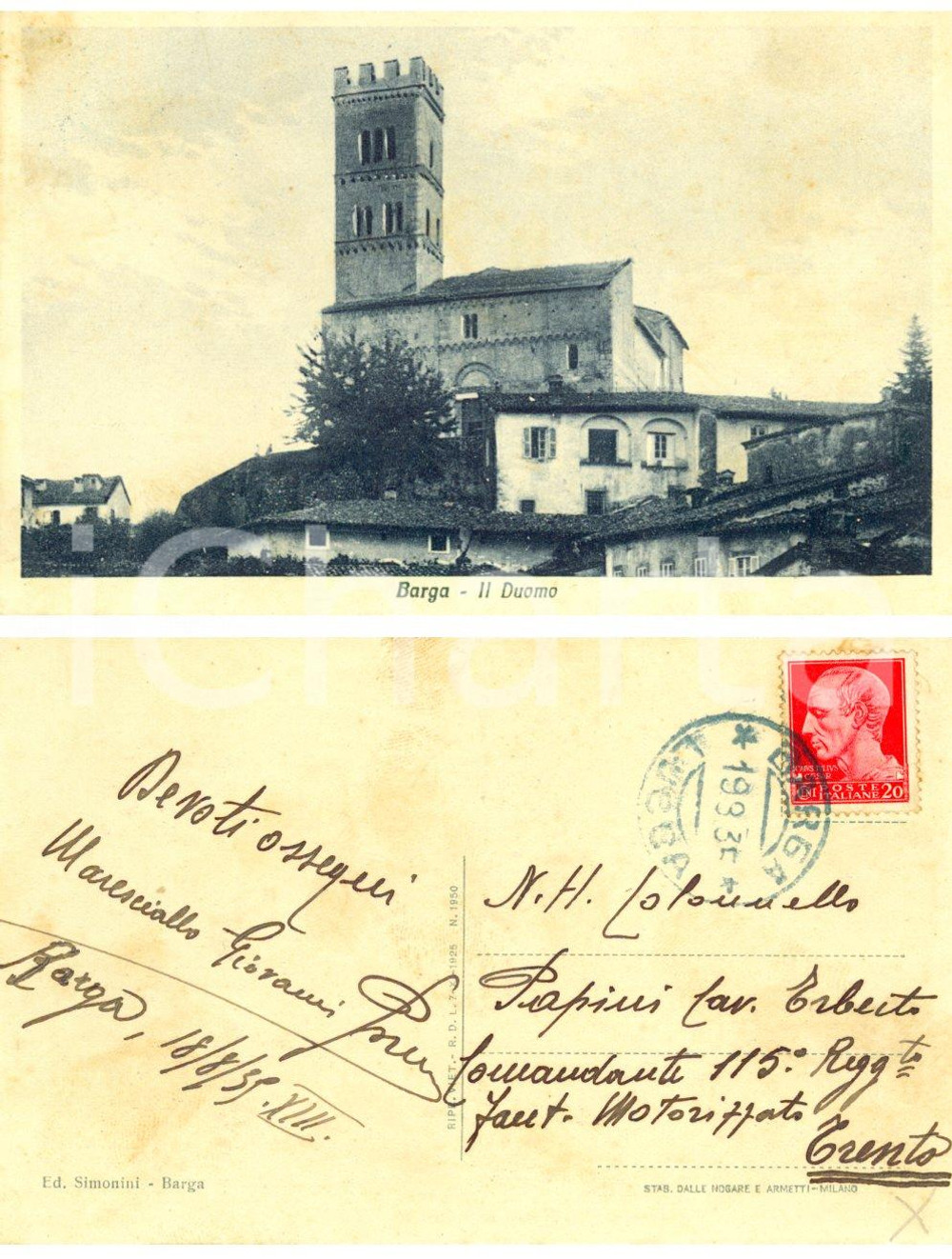 Cartolina originale da collezione 1935 BARGA (LU) Il Duomo *Cartolina postale al cav. Erberto PAPINI FP VG 1