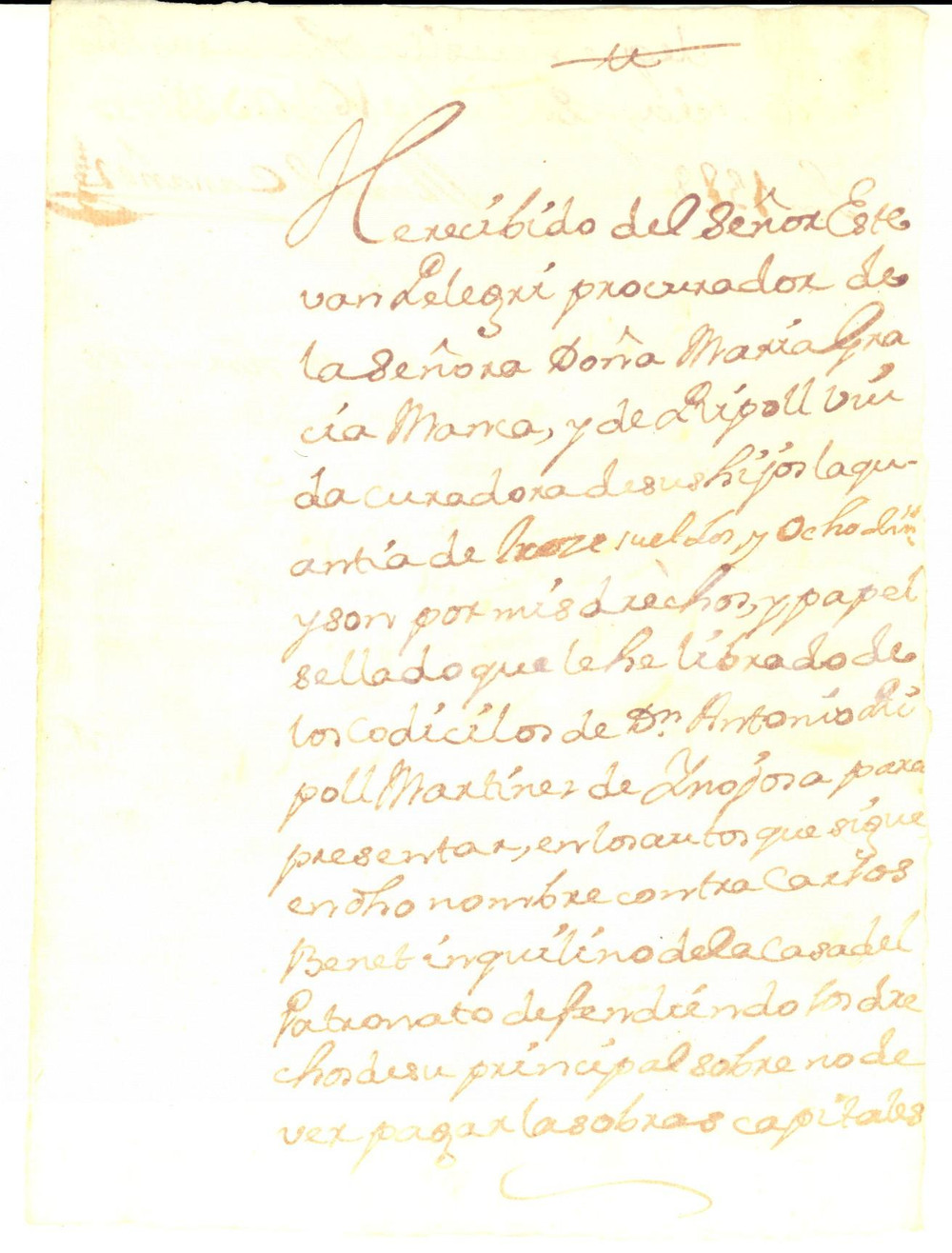 Documento originale, autentico 1738 VALENCIA Ricevuta Manuel CASSANEZ per diritti donna Maria Grazia MANCA 1
