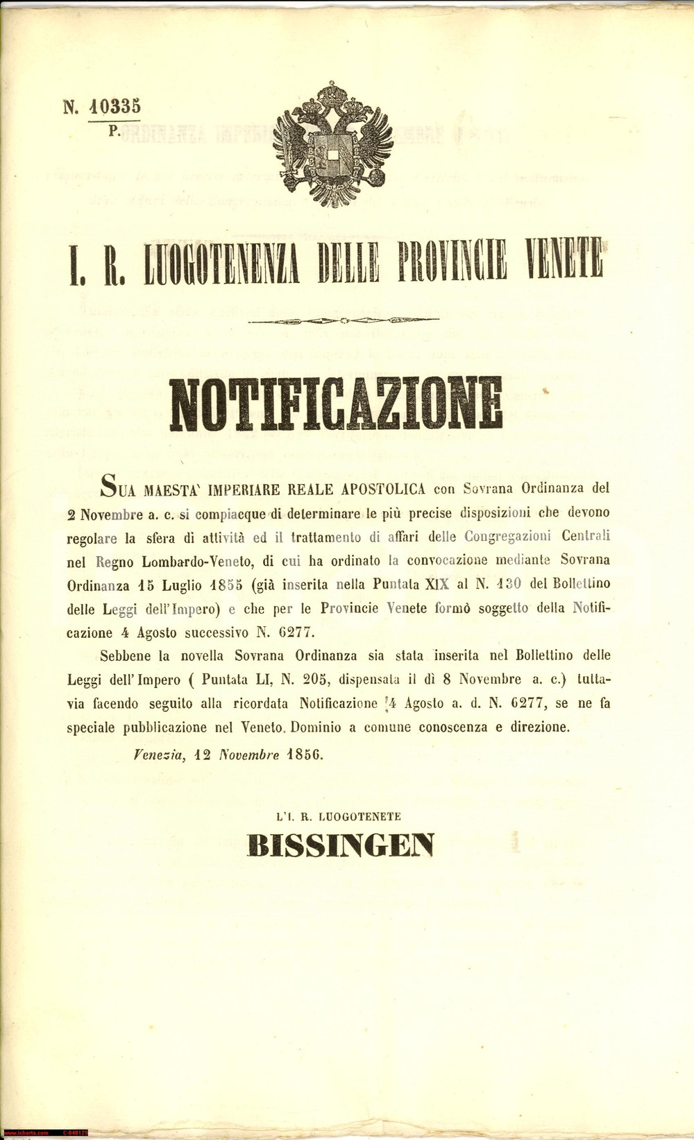 Documento originale, autentico 1856 VENEZIA Congregazioni centrali Lombardo-Veneto 1