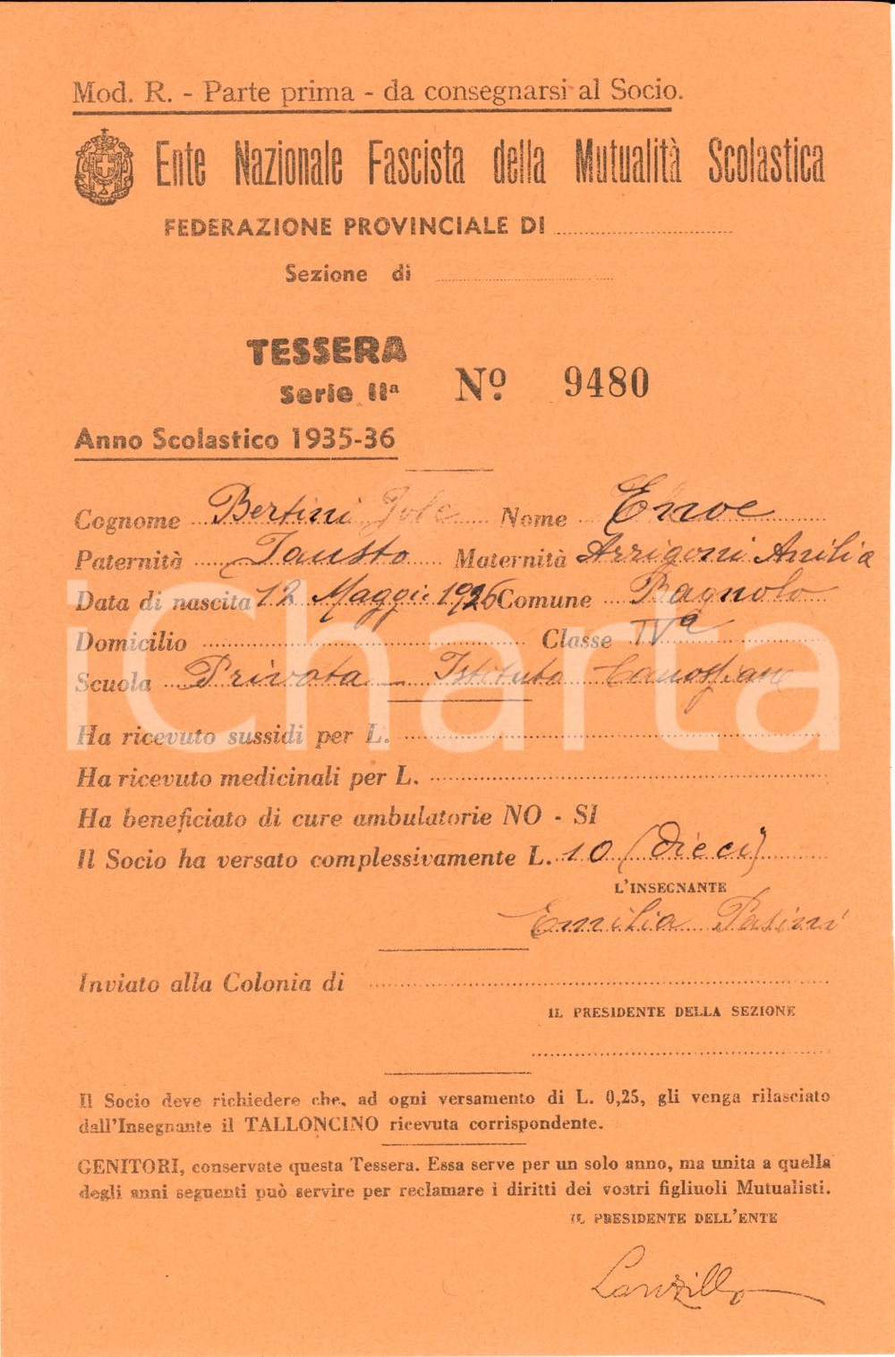 Oggetto da collezione cartaceo 1935 BAGNOLO PIEMONTE (CN) MutualitÃ  scol. Enoe BERTINI 1