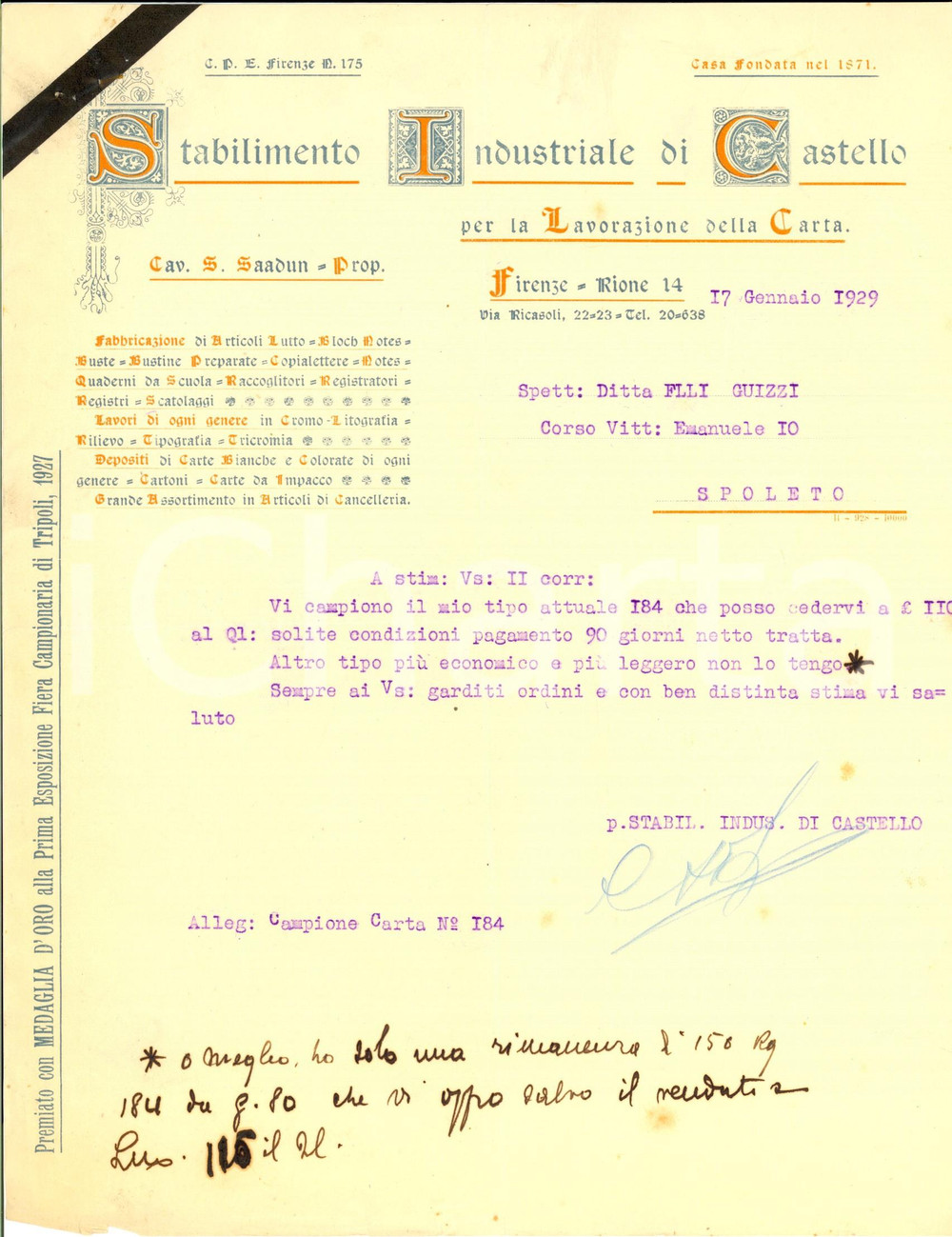 Documento originale, autentico 1929 FIRENZE Stabilimento Industriale CASTELLO cav. SAADUN Lettera commerciale 1