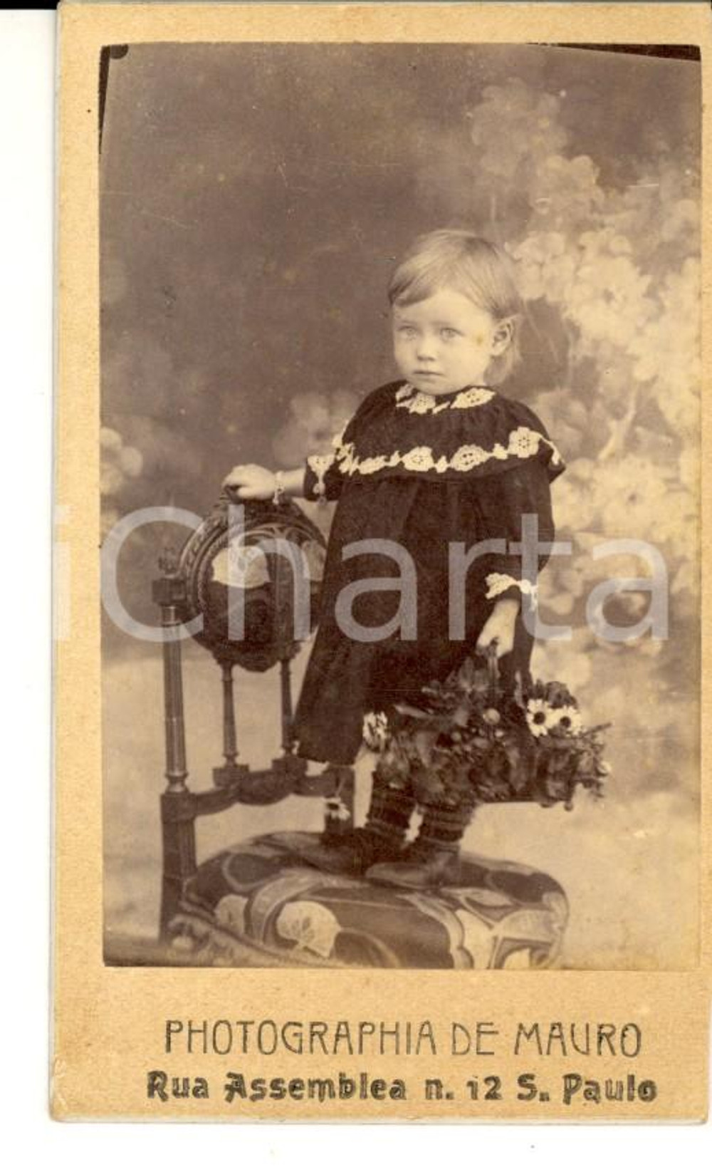 Fotografia d'epoca originale 1900 ca SAO PAULO (BRASILE) Bambina con cesto di fiori *Fotografia DE MAURO 1
