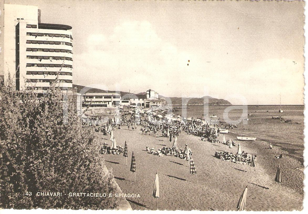 Cartolina originale da collezione 1950 CHIAVARI GE Veduta della spiaggia e del GRATTACIELO Cartolina FG VG 1