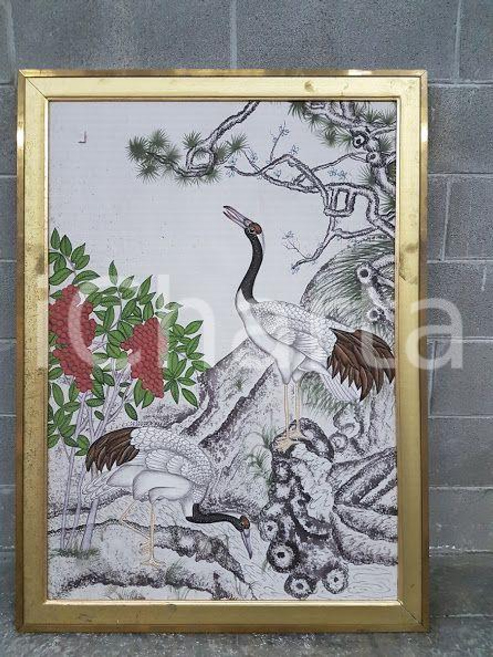 1975 CINA VINTAGE Uccelli trampolieri in paesaggio fluviale - quadro 91,5x125 cm