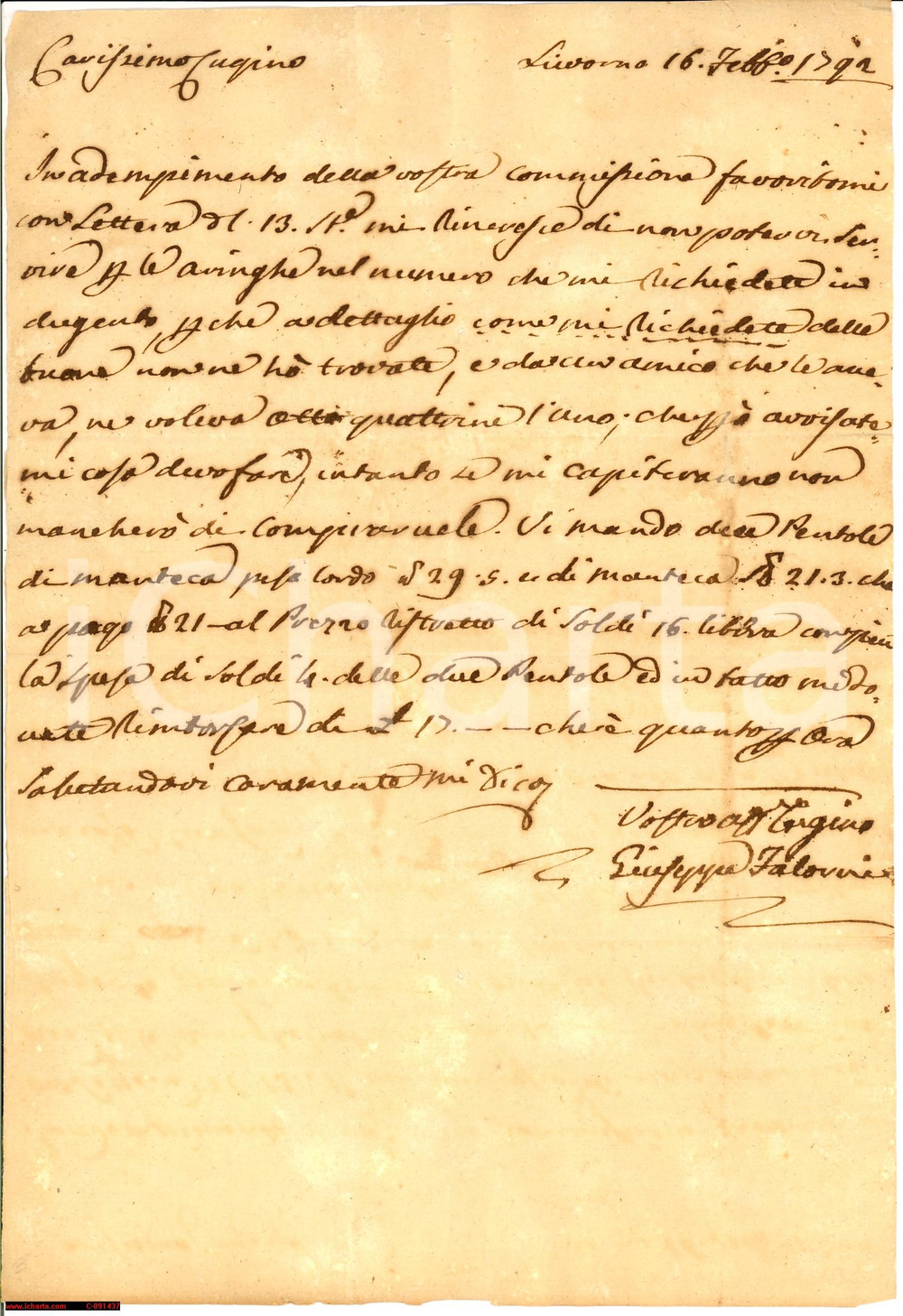 Manoscritto, lettera originale 1792 LIVORNO Giuseppe FALORNI non trova aringhe a poco Lettera 1