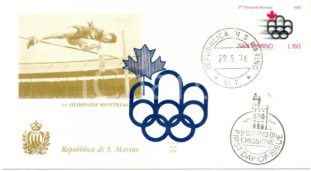 Materiale pubblicitario d’epoca 1976 REPUBBLICA SAN MARINO 21ma Olimpiade Montreal annullo BUSTA PRIMO GIORNO 1