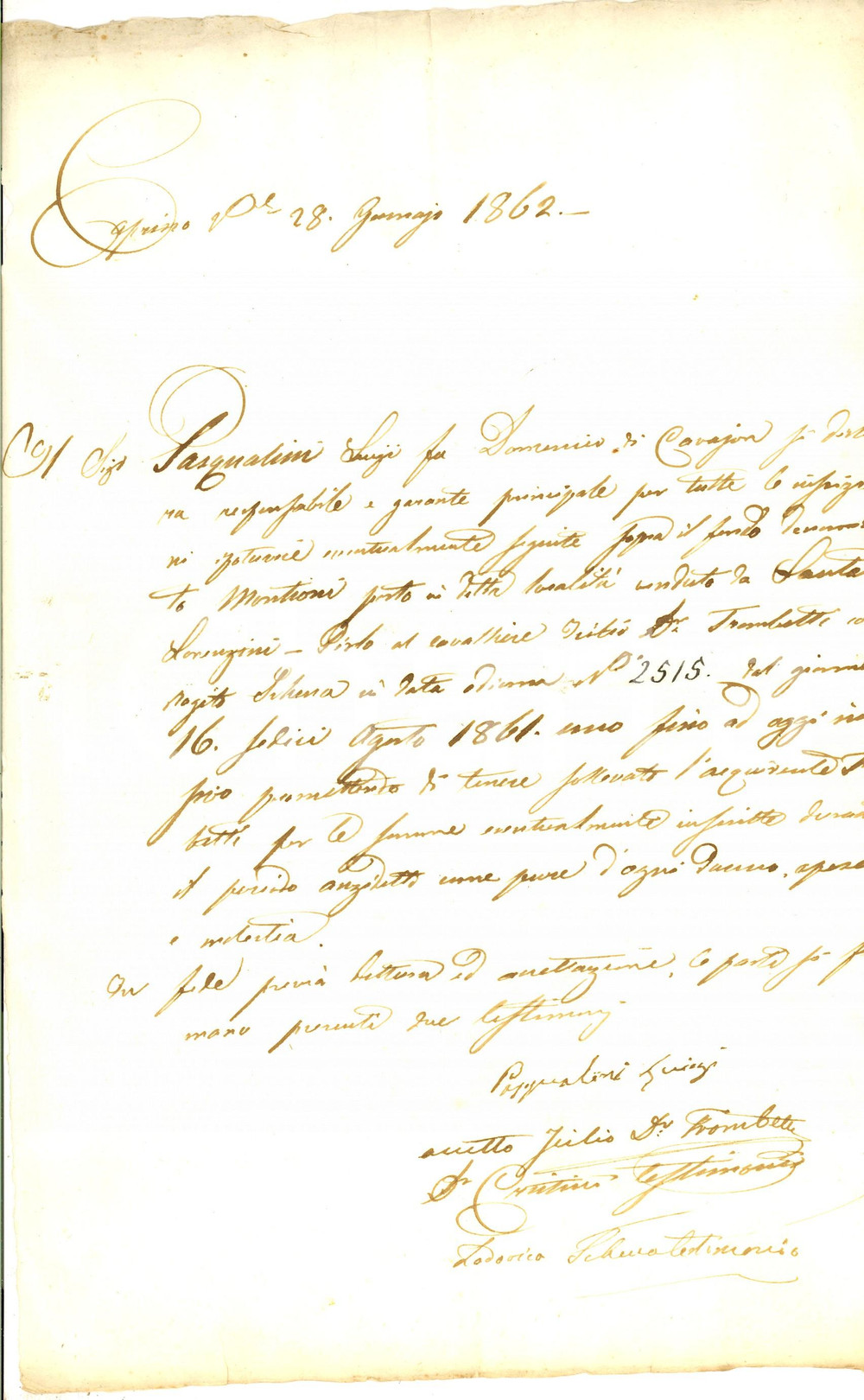 Documento originale, autentico 1862 CAPRINO VERONESE Lettera su acquisto Icilio TROMBETTI fondo MONTIONI 1