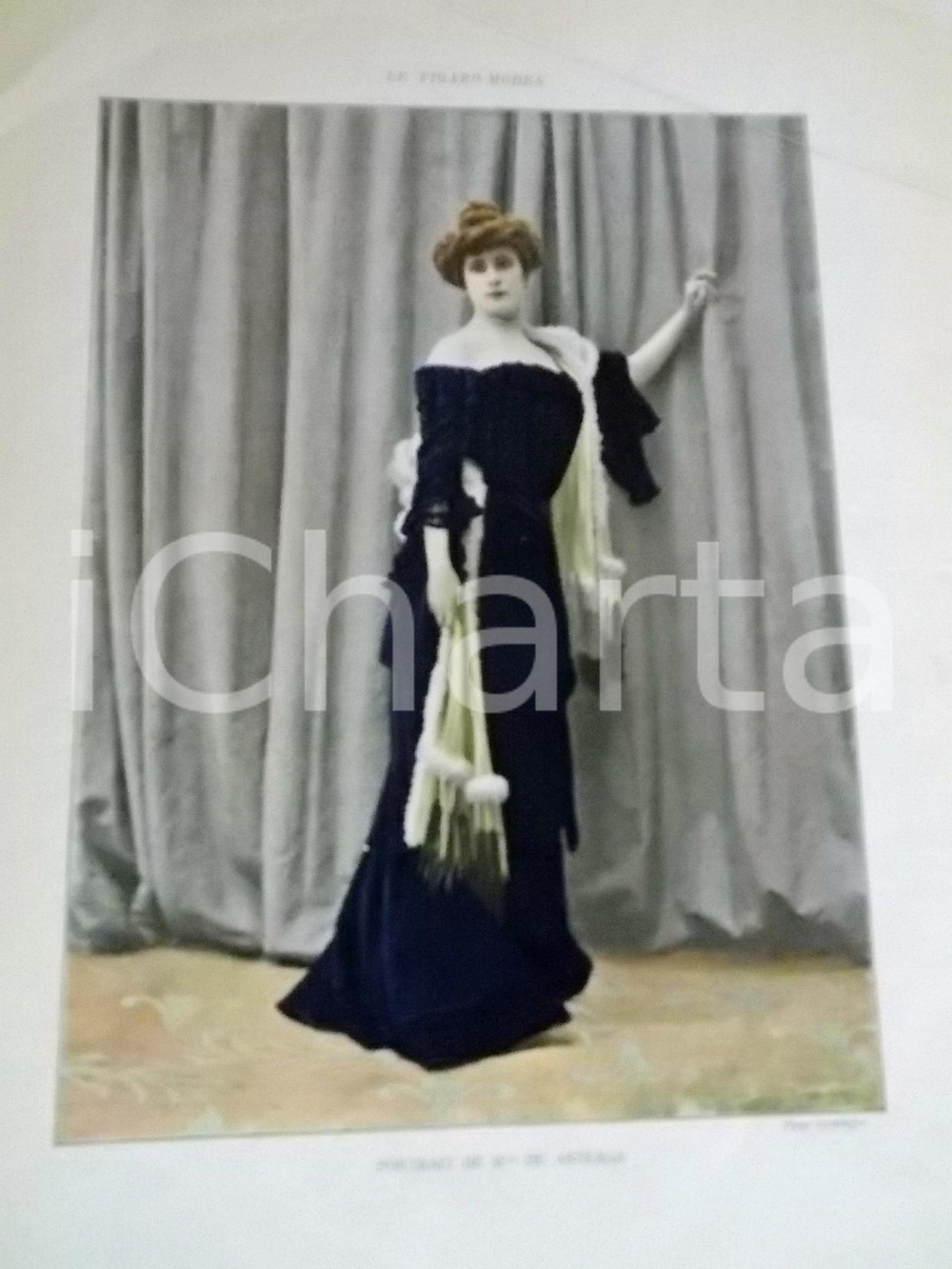 Stampa, bozzetto originale 1890 ca LE FIGARO  MODES Portrait de M.lle DE ASTEAGA Tavola 27x35 cm 1