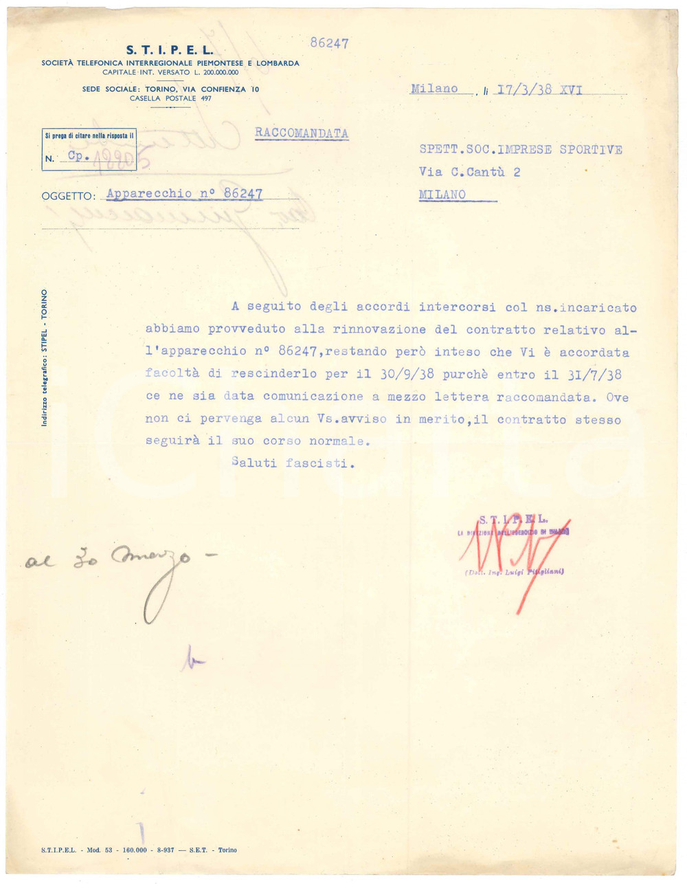Documento originale, autentico 1938 MILANO STIPEL Lettera per rinnovo contratto di apparecchio telefonico 1
