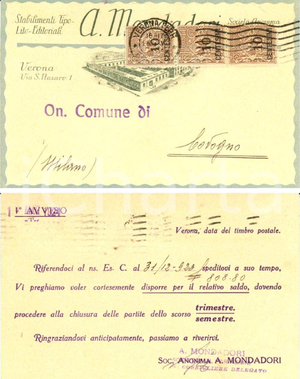 Cartolina originale da collezione 1924 VERONA SocietÃ  anonima ARNOLDO MONDADORI richiesta saldo *Cartolina FP VG 1